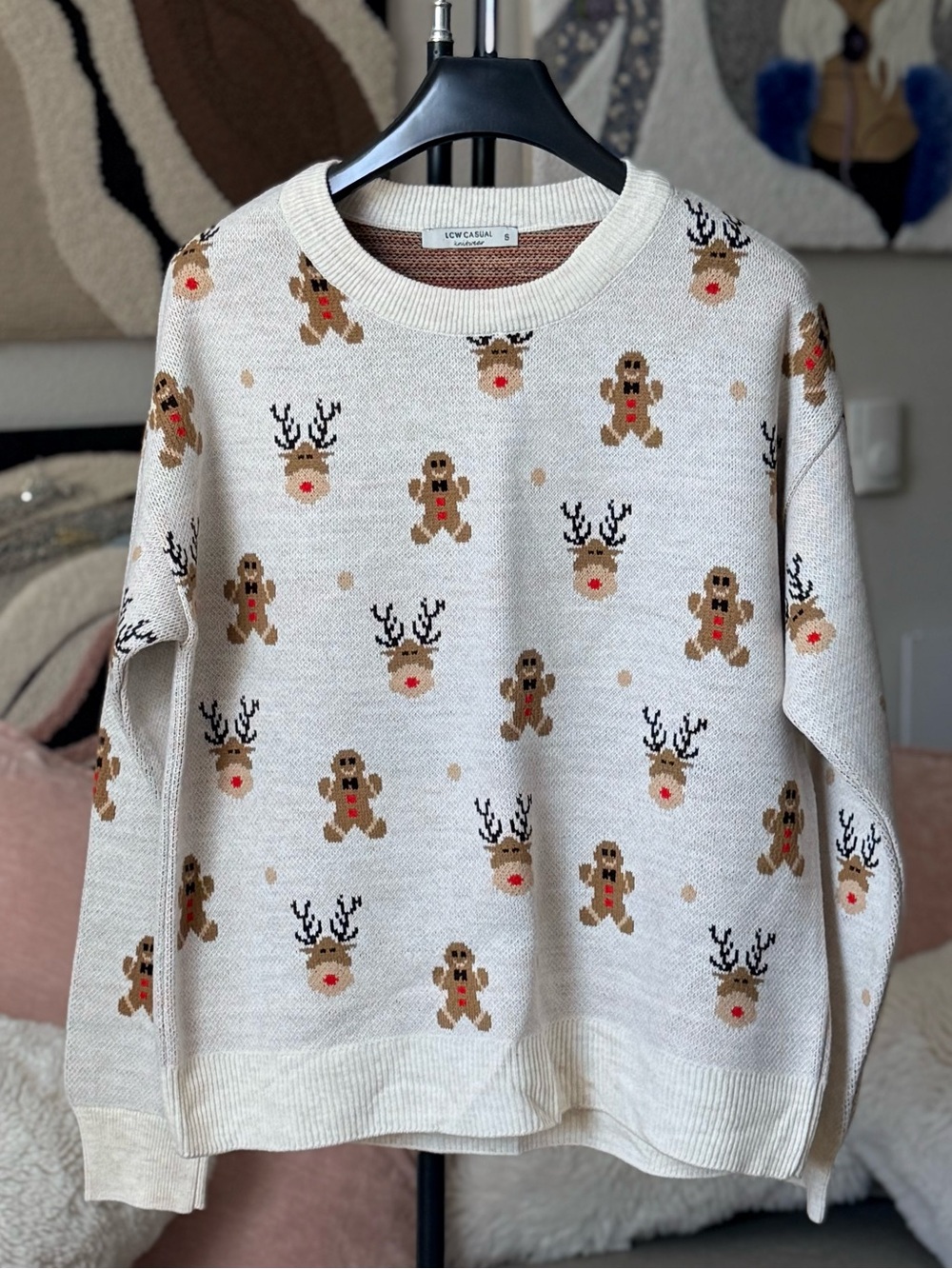 Christmas Women’s Cream Holiday Sweater with Reindeer & Gingerbread Motif